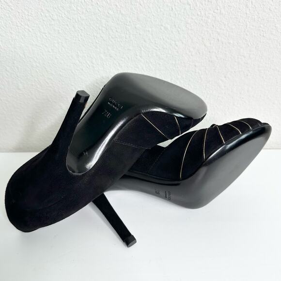 GUCCI Peep Toe Black Pumps with Gold Trim Size 37.5 - Picture 6 of 8